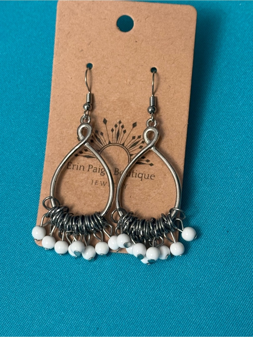 Silver Teardrop Earrings with White Beads